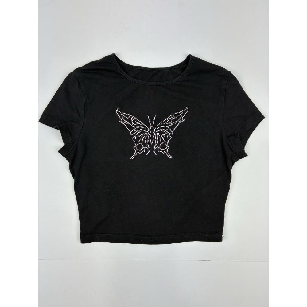 Y2K Rhinestone Butterfly Crop Top Womens S McBling Babydoll Tee Cute Mall Goth - Picture 2 of 5